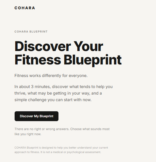 COHARA Blueprint — Discover Your Fitness Blueprint start screen