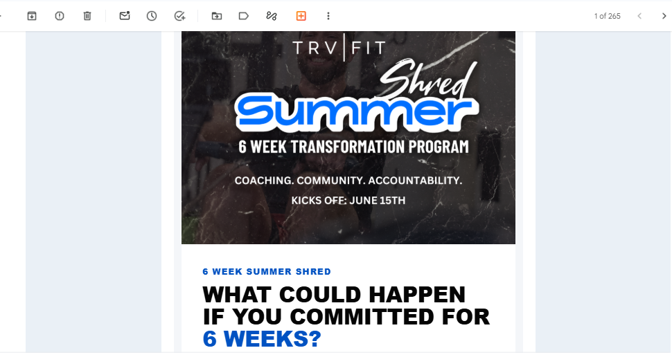 Cropped preview of TRVFIT Summer Shred HTML email